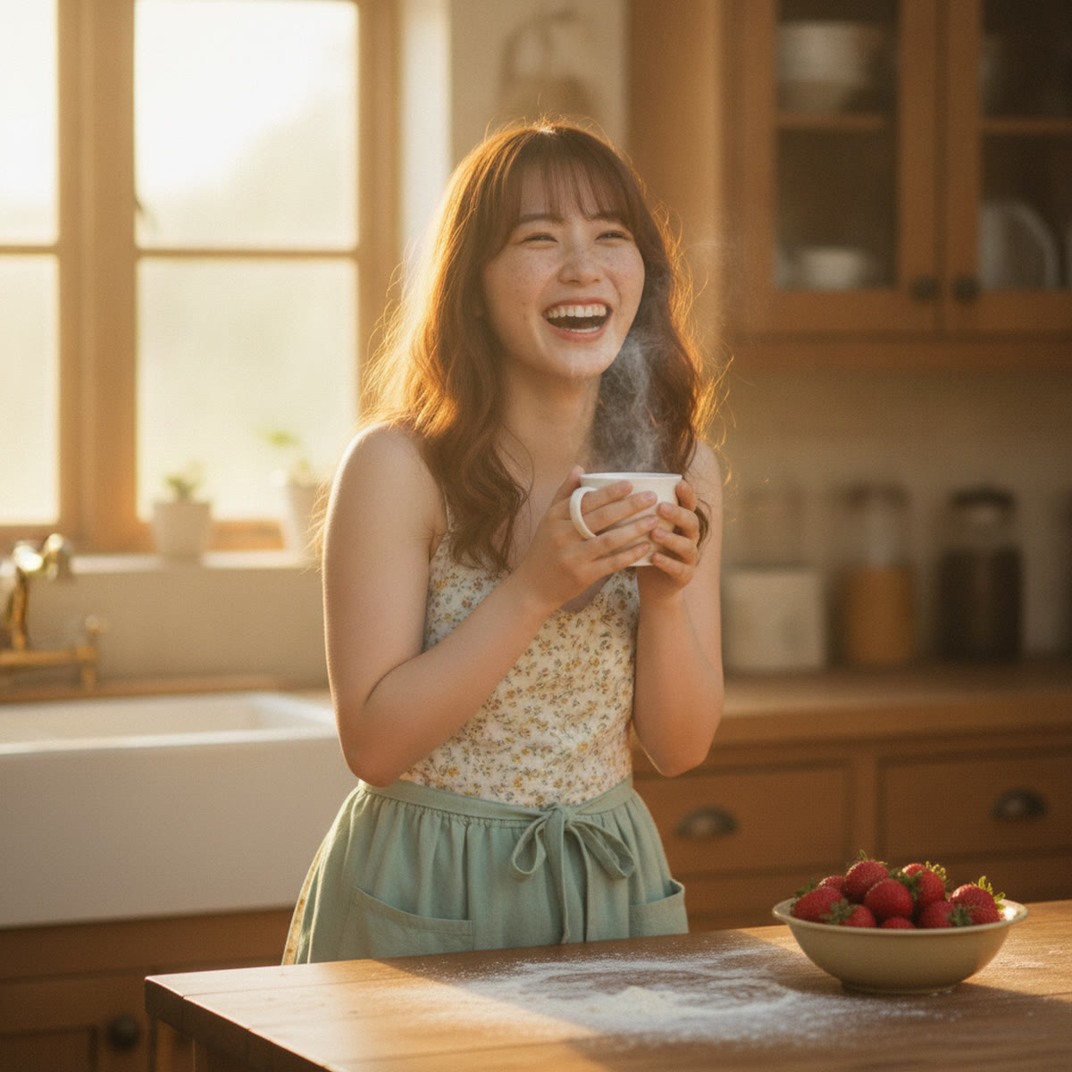 Hana making tea in a sunlit kitchen
