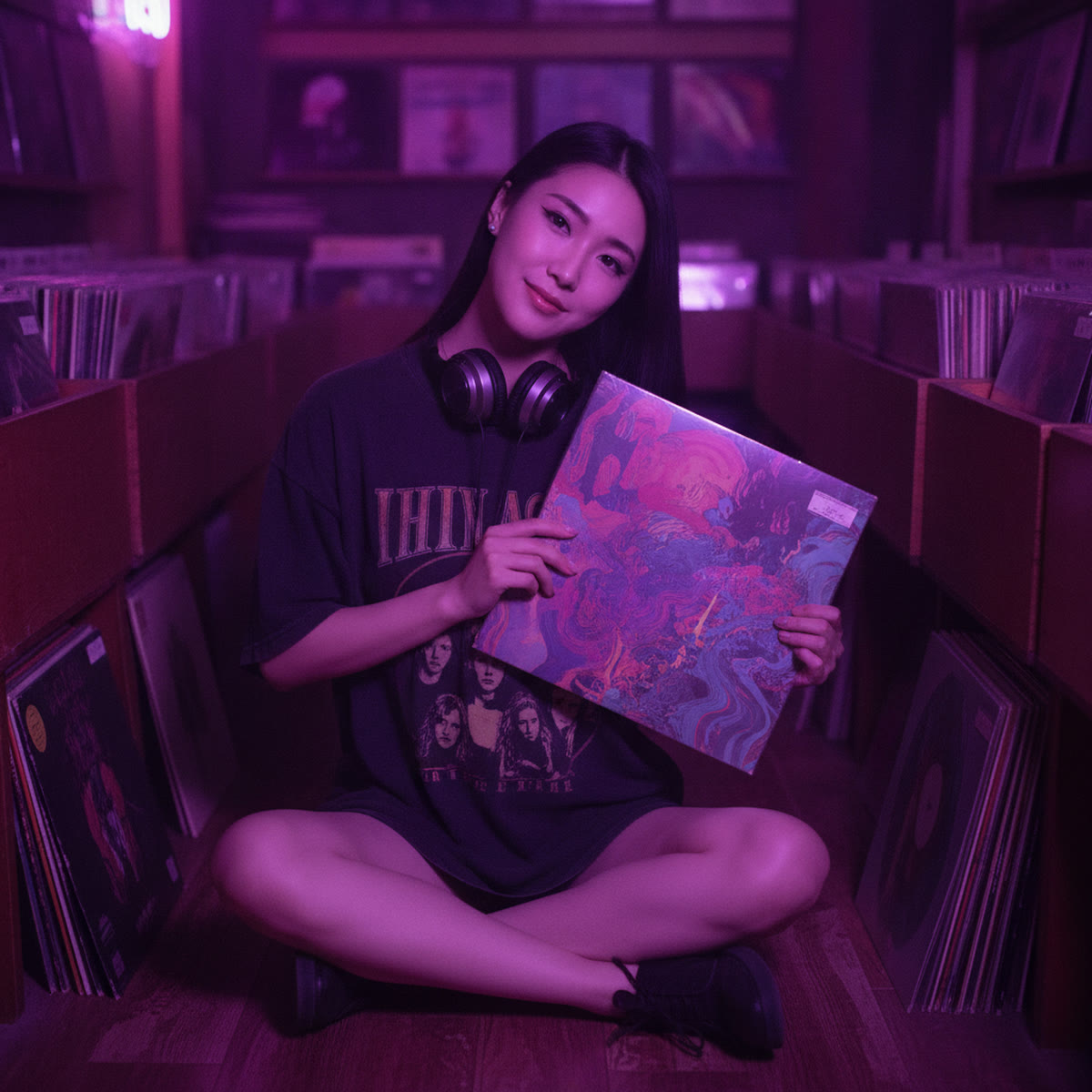 Yuki in a record shop at night